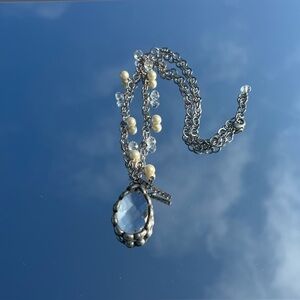 Crystal Teardrop Pendant with with cross and pearls necklace